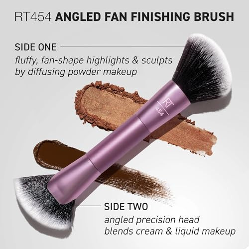 Real Techniques Angled Fan Finishing Brush Dual-Ended Contour Bronzer & Blush Makeup Brush For Blending Powder Or Cream Products Ultraplush Bristles Cruelty- 1 Count