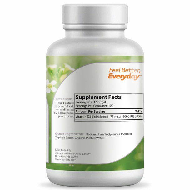 Vitamin D3 3000 IU 120 softgels by Advanced Nutrition by Zahler