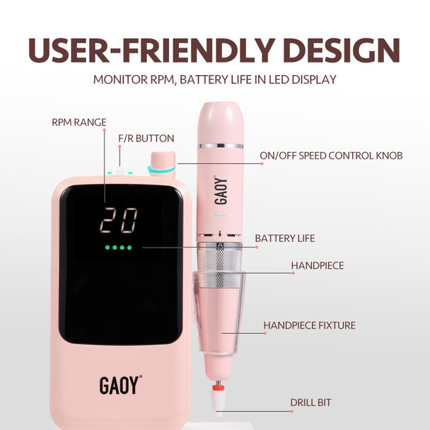 Gaoy Rechargeable Cordless Nail Drill For Beginners Electric Nail File With 12 Drill Bits And Sanding Band Set For Acrylic And Gel Pink