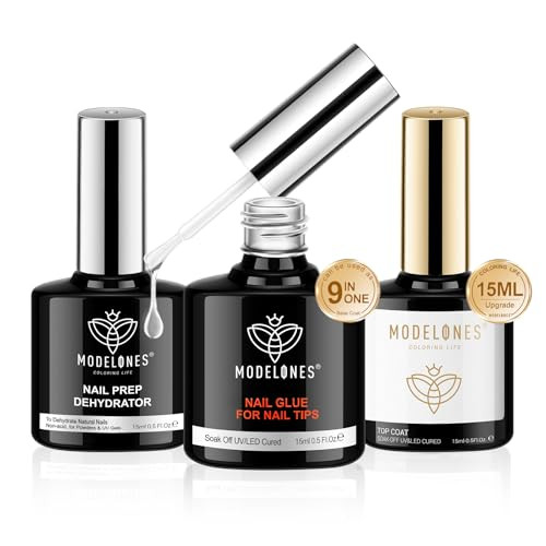 Modelones Nail Glue Gel With Top Coat And Prep Dehydrator 9 In One Gel Glue Kit For Easy Nail Extension No Wipe Top Coat 3 Pcs 15Ml