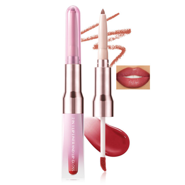 Hosaily 2 In 1 Brown Lip Liner&Glossy Lip Tint Stain Combo Set Double Ended Moisturizing Smooth Matte Lip Gloss Lip Pencil Non Sticky Long Wear Plumping Pink Liquid Lipstick Makeup Kit For Women#06