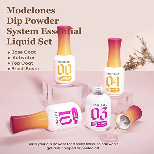 Modelones Dip Powder Liquid Set 4+ Dip Powder System Set With Base Coat/Top Coat/Activator/Brush Saver/Manicure Tools For Nail Kit Art Diy Salon - / 4 Pcs 15Ml 0.5Oz