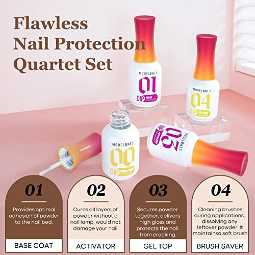 Modelones Dip Powder Liquid Set 4+ Dip Powder System Set With Base Coat/Top Coat/Activator/Brush Saver/Manicure Tools For Nail Kit Art Diy Salon - / 4 Pcs 15Ml 0.5Oz