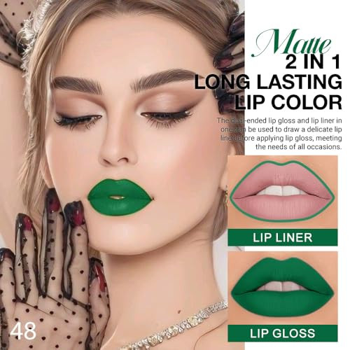 Evpct Forest Green Matte Lip Liner & Liquid Lipstick Stain Makeup Set For Women Green Lip Liner Stain Long Lasting Waterproof Smudge Proof Cruelty Lip Stick Makeup 24 Hours Originales 48 1Pcs