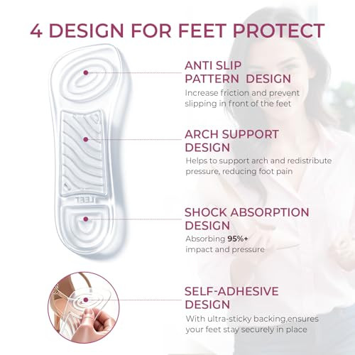 Welnove High Heel Cushion Inserts For Women - Welnove 3/4 Invisible Insoles With Arch Support Prevent Feet From Sliding Forward - Shock Absorption - Comfort Shoe Pads For High Heels Sandals Wedges Flats