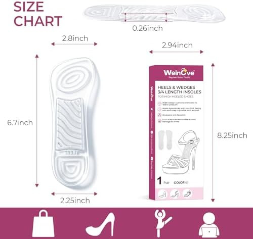 Welnove High Heel Cushion Inserts For Women - Welnove 3/4 Invisible Insoles With Arch Support Prevent Feet From Sliding Forward - Shock Absorption - Comfort Shoe Pads For High Heels Sandals Wedges Flats
