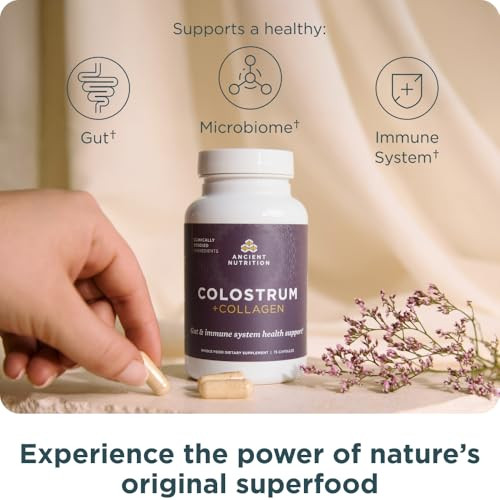 Ancient Nutrition Colostrum Superfood + Collagen Grass Fed Bovine Colostrum Fermented Eggshell 75 Count