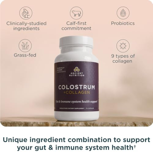 Ancient Nutrition Colostrum Superfood + Collagen Grass Fed Bovine Colostrum Fermented Eggshell 75 Count