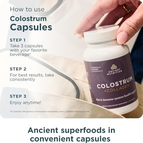 Ancient Nutrition Colostrum Superfood + Collagen Grass Fed Bovine Colostrum Fermented Eggshell 75 Count