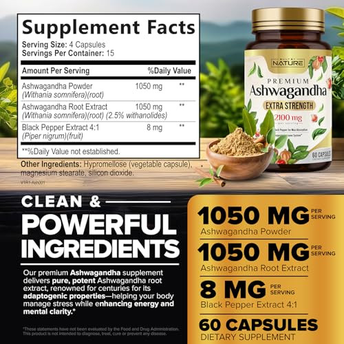 Built By Nature Ashwagandha Extra Strength Stress Relief & Mood Support With Black 60 Capsules 2100Mg
