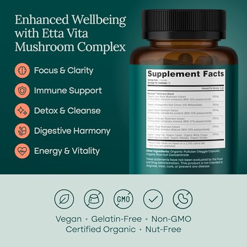 Etta Vita Usda Organic Lions Mane Supplement Capsules With Ashwagandha Chaga Reishi