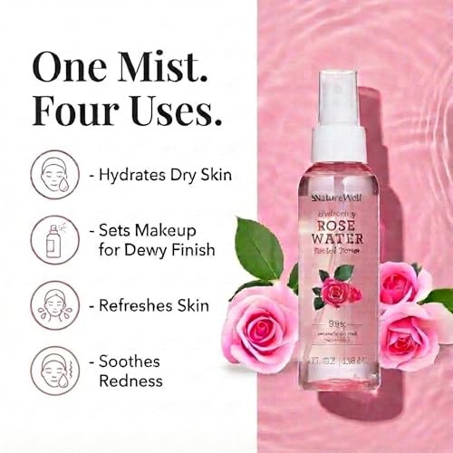 Nature Well Rose Water Hydrating Facial Toner Mist For Dewy & Radiant 4 Fl Oz