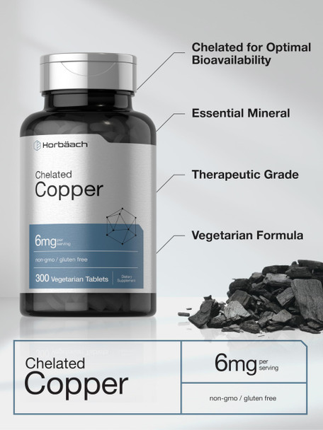 Horbaach Chelated Copper Supplement 300 Tablets 6Mg