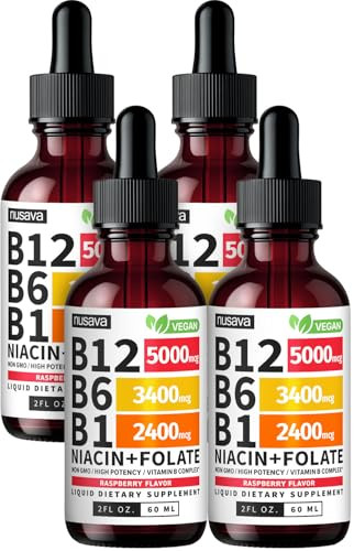 Nusava (4 Pack) Vitamin B12 Liquid Drops With B6 160 Servings 5000 Mcg