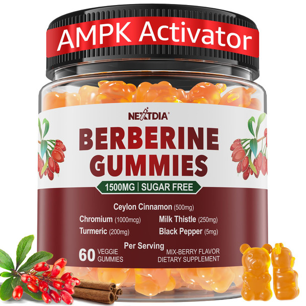 Nextdia Berberine Gummies 1500mg + Ceylon Cinnamon, Natural GLP-1 Support, 60 Cts
