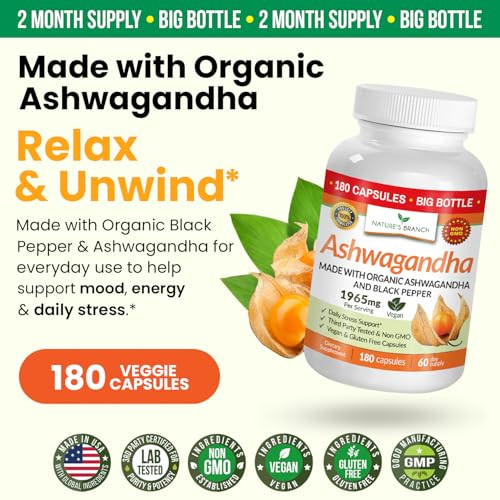 Nature's Branch Udaf Organic Ashwagandha With Black Pepper 180 Capsules 1965Mg