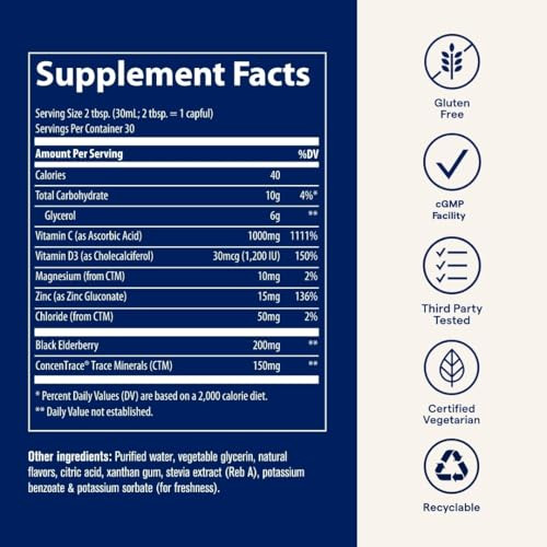 Trace Minerals Liquid Immunity+ With Elderberry Zinc Vitamins C & D Ionic 30 Oz