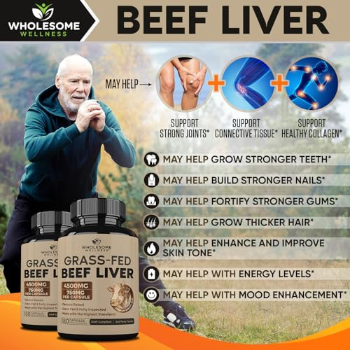 Wholesome Wellness Grass Fed Desiccated Beef Liver Capsules (180 Pills Each) 750Mg