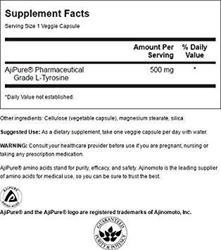 Swanson Amino Acid Ajipure L Tyrosine Pharmaceutical Grade 500 Milligrams 60 Veg Capsules