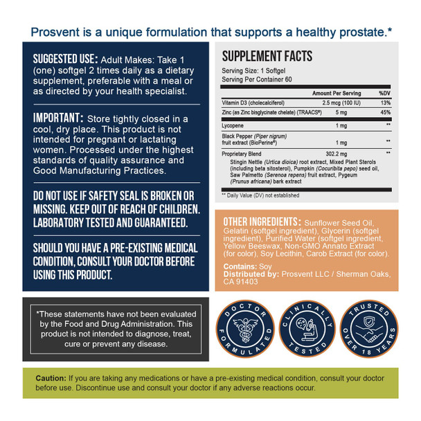 Prosvent Advanced Men's Prostate Support Natural Supplement With Saw Palmetto Vitamin 60 Count