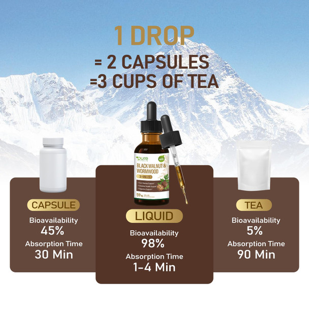 Pure Afolia Black Walnut Wormwood Drops 3 In 1 Herbal Gut Cleanse & Intestinal 2 Fl Oz