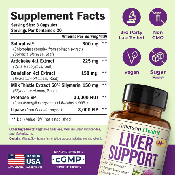 Vimerson Health Liver Support With Artichoke Extract Enzymes Silymarin 50% Milk Thistle 60 Capsules