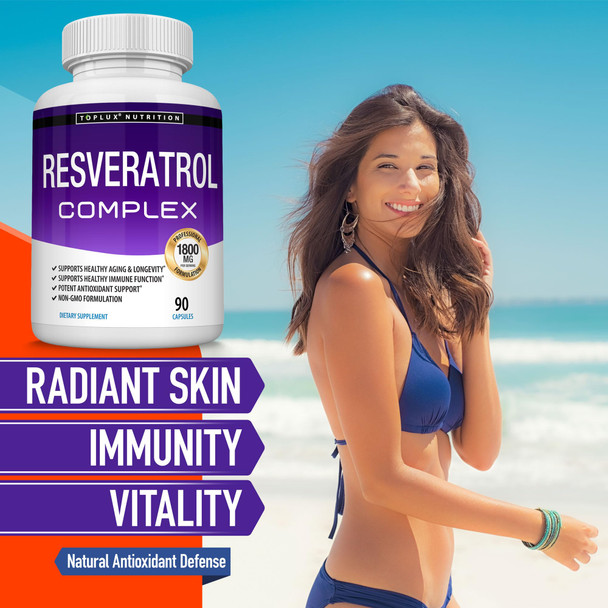 Toplux Resveratrol Supplement Antioxidant Complex 90 Capsules 1800 Mg