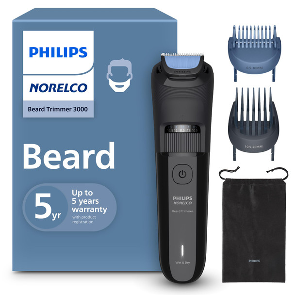 Norelco Philips 100% Waterproof Beard Trimmer 3000 Series With Self-Sharpening Blades 40 Adjustable Beard Trimmer Length Settings & Two Lift&Trim Combs Usb Charging Bt3620/40