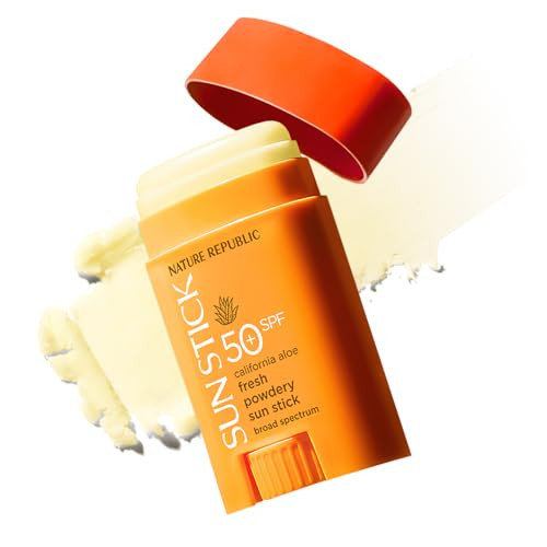 Nature Republic California Aloe Fresh Powdery Sun Stick Broad Spectrum Spf50+ Korean Sunscreen Travel Size Sunblock Stick No White Cast Non-Sticky Water-Resistant / 0.71 Oz 21 G