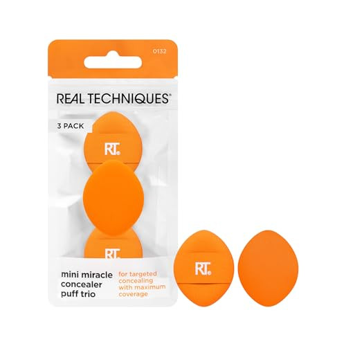 Real Techniques Mini Miracle Concealer Puff Trio Small Makeup Puff For Liquid & Cream Foundation & Concealer Targeted Concealing Travel Friendly & Reusable Vegan & Cruelty 3 Count