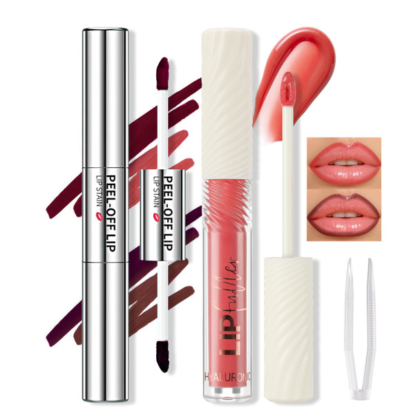 Hosaily Peel Off Lip Liner Stain Dual-Ended Long Lasting Waterproof Nude Lips Stain Peel Off With Moisturizing Lip Gloss Combo Non-Stick Cup Tattoo Lips Liner And Liquid Lipstick Shiny Makeup1#
