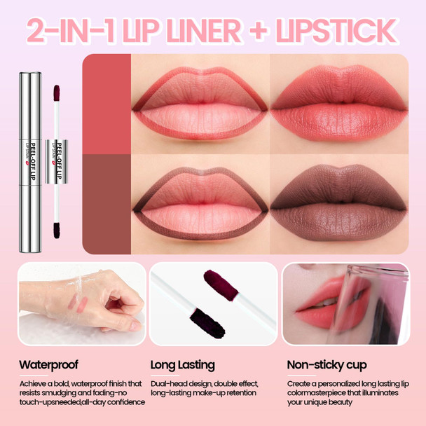 Hosaily Peel Off Lip Liner Stain Dual-Ended Long Lasting Waterproof Nude Lips Stain Peel Off With Moisturizing Lip Gloss Combo Non-Stick Cup Tattoo Lips Liner And Liquid Lipstick Shiny Makeup1#