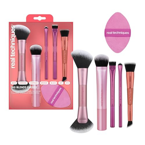 Real Techniques Big Blends Energy Brush + Dual-Sided Puff Kit Face Makeup Brush & Puff Set For Foundation Concealer Powder & Blush Travel Friendly Cruelty- & Vegan 6 Piece