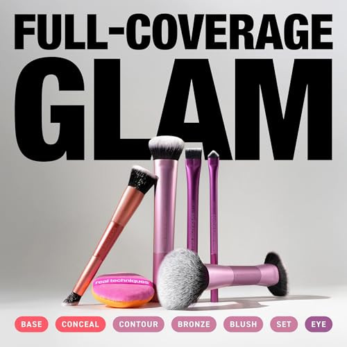 Real Techniques Big Blends Energy Brush + Dual-Sided Puff Kit Face Makeup Brush & Puff Set For Foundation Concealer Powder & Blush Travel Friendly Cruelty- & Vegan 6 Piece