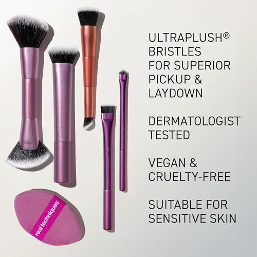 Real Techniques Big Blends Energy Brush + Dual-Sided Puff Kit Face Makeup Brush & Puff Set For Foundation Concealer Powder & Blush Travel Friendly Cruelty- & Vegan 6 Piece