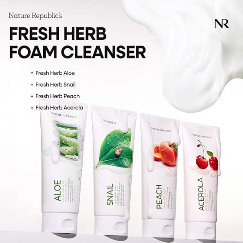 Nature Republic Fresh Herb Peach Cleansing Foam Hydration & Moisturizing Daily Makeup Remover Nighttime Foaming Pore Cleansing Aloe Face WashKorean Skin Care For All Skin Types / 170Ml 5.74 Fl Oz