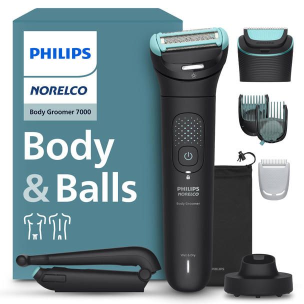Norelco Philips Norelco Body Groomer 7000 Series Men's Whole Body Groomer Contour-Following 2D Flexing Head Triple Protect Shave System & Intimate Body Hair Trimmer 100% Showerproof Bg7480/50