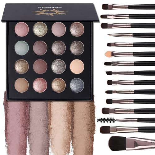 Ucanbe Baked Eyeshadow Palette With Brushes Makeup Set 16 Color Natural Nude Matte Shimmer Metallic Eye Shadow Make Up Pallet For Women Girls High Pigmented Long Lasting Waterproof 15Pcs
