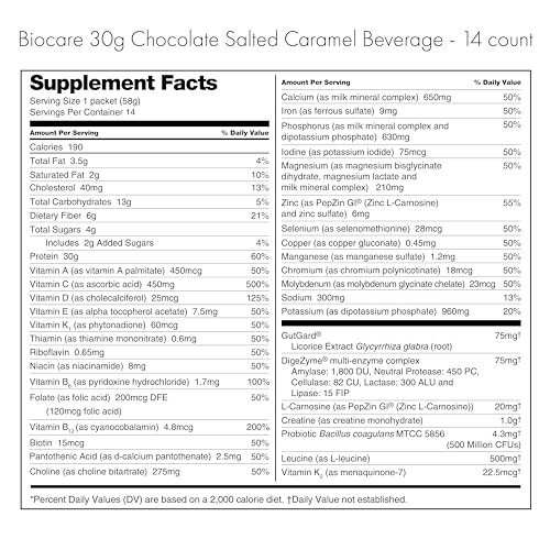 Biocare Nutritional Beverage For Glp-1 Users Dietary Powder Drink Provides Essential Protein 26 Vitamins/Minerals Helps Ease Nausea Bloating Constipation Choc Salted Caramel Shake 30 G 14Ct
