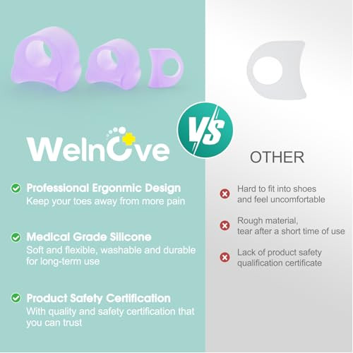 Welnove Toe Separator For Overlapping Toes - toe Spacers For Bunions - Toe Corrector For Hammer Toes Realign Crooked Toes - Preventing Rubbing Relieve Pressure(Multi-Size Lavender) 12 Pack