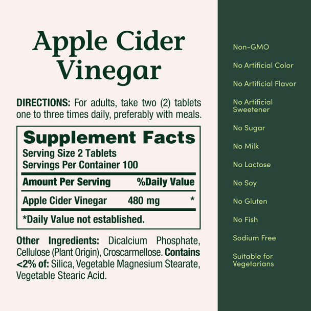 Nature's Bounty Apple Cider Vinegar Pills Vegetarian Supplement Plant Based 480Mg 200 Tablets