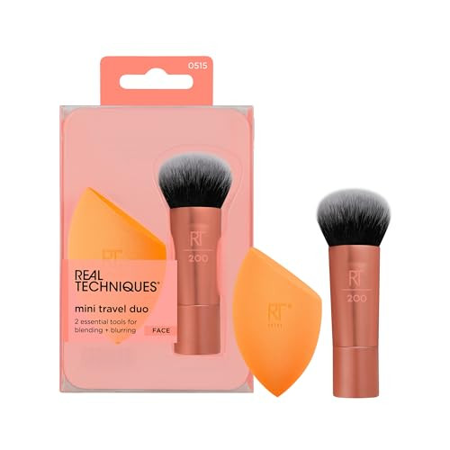 Real Techniques Mini Travel Duo Makeup Brush Set For Traveling Mini Foundation Brush & Makeup Blender Sponge For Blending On-The-Go Achieve A Complete Base Latex & Cruelty- Set 2 Piece