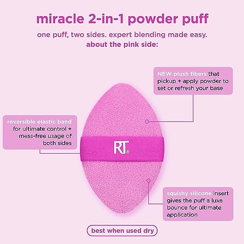 Real Techniques Miracle 2-In-1 Powder Puff Dual-Sided Full Size Makeup Blending Puff Reversible Elastic Band Makeup Sponge & Powder Puff For Liquid Cream & Powder Products Crulety- 2 Pack