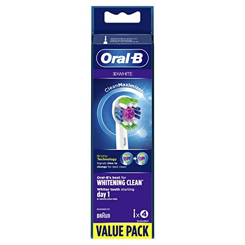 Oral-B 3D White Electric Toothbrush Head With Cleanmaximiser Technology Angled Bristles For Deeper Plaque Removal White Pack Of 4
