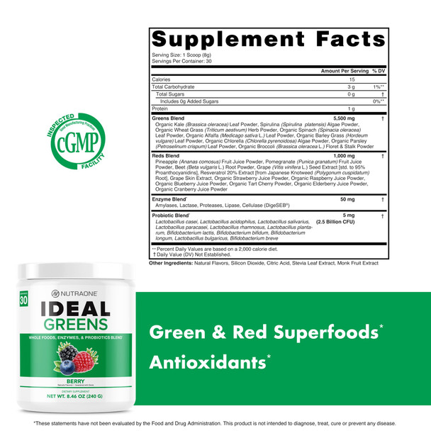 Nutraone Ideal Greens Antioxidant And Nutrient-Rich Superfood Greens Powder Supplement Berry- 30 Servings
