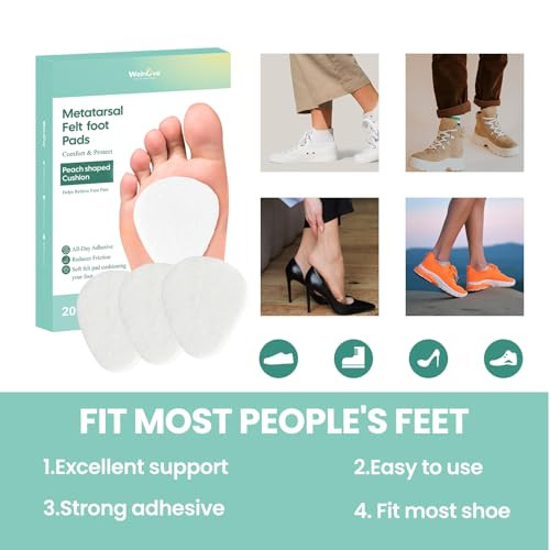Welnove Metatarsal Foot Pads - Ball Of Foot Cushion For Women & Men - 1/4" Thick Adhesive Foam Felt Pads For Pain Relief Forefoot And Sole Support Metatarsalgia Plantar Fasciitis Neuroma 20 Pack