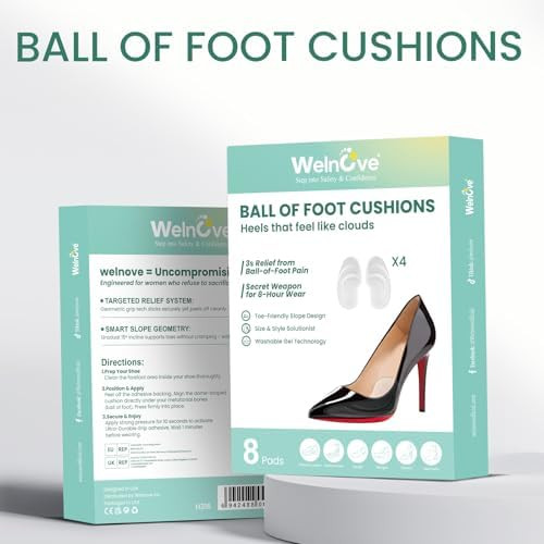 Welnove Gel Ball Of Foot Cushions - Welnove Metatarsal Pads Women Non-Slip Forefoot Cushion Shoes Inserts For Foot Pain Relief Comfort Shock Absorption & All-Day Wear In Sandals High Heels Flats 4 Pairs