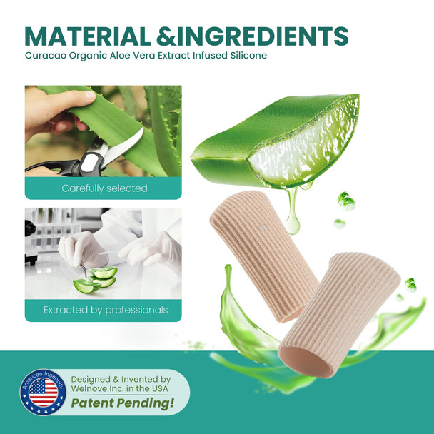 Welnove Toe Caps And Protectors - Aloe Vera Extract Infused Silicone Toe Sleeve - Fabric Toe Covers With Gel Lining - Toe Cushions For Pain Relief Corns Blisters & Ingrown Toenails 16 Pack