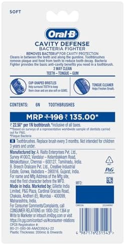 Oral-B Cavity Defense Bacteria Fighter Manual Toothbrush For Men Women Adults Soft 6 Pieces