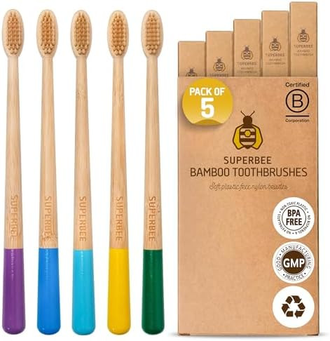 Superbee Wax Wraps Superbee Dentos Bamboo Toothbrushes Soft Bristle Brushes For Adults & Kids Colored Handles Biobased Natural Toothbrush Set For Travel Plastic- Oral Care Kit Sustainable Choice 5 Pack